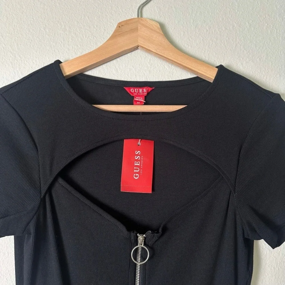 GUESS Y2K Black Ribbed Cutout Zip Front Mini Bodycon Dress Size M NWT Grunge‎ - Picture 3 of 8
